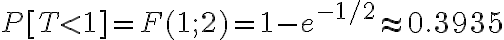 $P[T<1]=F(1;2)=1-e^{-1/2}\approx 0.3935$